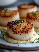 Pan-seared sea scallops with golden-brown crust served on creamy mashed potato puree, garnished with fresh herbs and black pepper, close-up macro shot.
