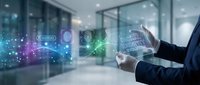 Businessman in dark suit holding tablet with digital security icons and network connections glowing in modern office environment for cybersecurity and technology concepts.