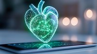 Glowing holographic heart floating above smartphone screen with bokeh lights in background, modern medical technology concept for cardiology and healthcare.