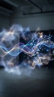 Abstract flowing energy waves with glowing particles and smoke effects in modern industrial space for digital art and creative design projects.