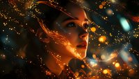 Young Asian woman profile with glowing magical particles and light effects surrounding her face against dark background, creating mystical atmosphere.