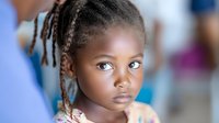 Young African girl with braided hair and expressive eyes looking up thoughtfully, wearing pink shirt against soft blurred background. Natural light portrait captures innocence and curiosity.