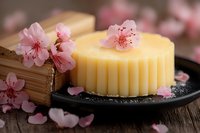 Yellow soap bar with delicate grooved texture on dark plate decorated with pink cherry blossom flowers and petals, creating zen spa atmosphere on wooden surface.