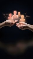 Hands protecting glowing human figures representing teamwork, support and care in business or community relationships on dark background.