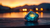 Glowing blue crystal on wooden surface against blurred sunset lake background with golden bokeh lights creating magical atmospheric scene.