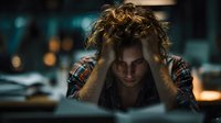 Young man with curly hair in plaid shirt showing signs of stress or burnout while working late at night in dimly lit office environment.