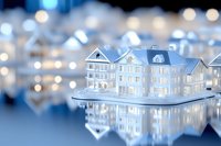 Miniature white residential buildings with glowing windows arranged in row on reflective surface against soft bokeh background, creating dreamy architectural scene.