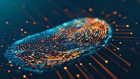 Digital fingerprint scan with glowing orange and blue light effects on dark background illustrates modern biometric security and identity verification technology.