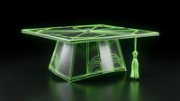 Glowing green wireframe graduation cap on dark background representing online education, digital learning achievement and academic success in technology.