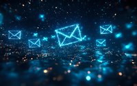 Glowing blue digital mail envelopes floating in dark cyberspace with sparkles and light effects, network communication concept for email marketing and messaging.