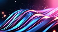 Abstract flowing waves in neon blue and pink colors with glowing light effects and sparkles against dark background create dynamic modern design element.