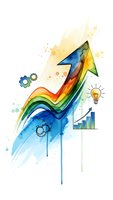 Colorful watercolor arrow pointing upward with business growth elements, gears, lightbulb and chart on white background for corporate presentations.