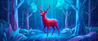 Majestic red deer silhouette standing in mystical blue forest with glowing light. Fantasy woodland scene with ethereal atmosphere for digital art projects.