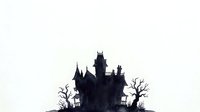 Silhouette of haunted castle with spooky bare trees on white isolated background, ready for Halloween designs, clipart, and merchandise applications.