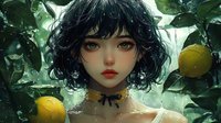 Young Asian woman with short black curly hair and bright eyes among citrus trees and green foliage, wearing yellow ribbon choker necklace with bow in dreamy garden setting.