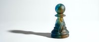 Metallic chess pawn with blue and gold gradient finish casting shadow on white surface, representing strategy, business advancement, and competitive gameplay for corporate and gaming concepts.