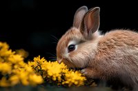 Adorable brown baby bunny rabbit sniffing yellow spring flowers against dark background, close-up portrait showing soft fur texture and curious expression.
