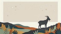 Silhouette of goat standing on rolling hills with layered landscape, autumn colors, scattered stars, and botanical elements in foreground for nature, wildlife, and pastoral design projects.