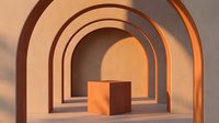 Terracotta arch tunnel with a cube podium in warm sunlight, minimal geometric interior for product display and presentation.