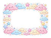 Cute kawaii clouds and stars frame border on white background for baby shower invitations, nursery decor and children greeting cards.