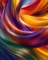 Vibrant swirling abstract background with flowing curves in purple, orange, yellow and teal colors creating dynamic motion and energy for creative design projects.
