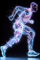 Glowing neon silhouette of athletic male runner in motion with luminous energy lines showing muscular anatomy and movement on black background.