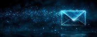 Glowing blue envelope icon floating in dark space with sparkles and digital particles, representing electronic communication and message delivery technology.
