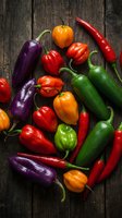 Colorful assortment of fresh hot chili peppers and bell peppers arranged on rustic wooden background for cooking and culinary spice ingredient concepts.