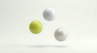 Golf balls floating in air with white and yellow colors on neutral background for sports equipment design and recreation concepts.