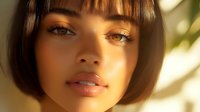 Young mixed race woman with short dark bob hairstyle and bangs in warm sunlight with natural makeup and glowing skin, looking directly at camera with soft expression.