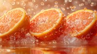 Fresh orange slices on crushed ice with water drops and warm backlight creating bokeh effect, macro food photography for juice advertising and packaging.