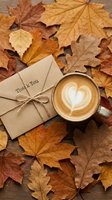 Autumn flat lay with latte art coffee cup and thank you kraft envelope on wooden surface surrounded by colorful fall maple leaves.