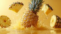 Fresh pineapple slices and whole fruit splashing in juice against warm yellow background, dynamic food photography for beverage and tropical fruit marketing.