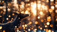 Magical silhouette of reindeer with glowing antlers against golden bokeh background with falling snow and sparkling lights creating festive winter atmosphere.