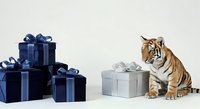 Blue gift boxes with ribbons and bows stacked together next to silver wrapped presents and a tiger cub on white background, isolated for holiday and celebration designs.