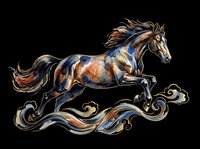 Galloping horse with flowing mane and tail, featuring brown, blue, and cream coloring, isolated on transparent background. Ready for t-shirt designs, clipart, stickers, sublimation, and print-on-demand products.
