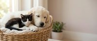 Adorable golden retriever puppy and black white kitten cuddling together in wicker basket on cozy home interior background for pet adoption campaigns.