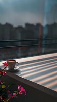 Morning coffee cup with latte art on windowsill, sunlight casting dramatic shadows through blinds, pink flowers adding romantic atmosphere at sunrise.