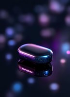 Futuristic smart device with cosmic galaxy texture glowing in neon pink and blue lights against dark background with bokeh effect, reflecting on glossy surface.