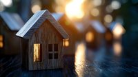 Miniature wooden house with glowing window at sunset, magical bokeh background creates cozy atmosphere. Decorative home model on textured surface with warm light.