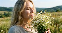 Young blonde woman with closed eyes smelling white wildflowers in sunny meadow, peaceful moment in nature, wellness and mindfulness concept for relaxation.