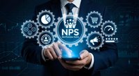 Businessman using smartphone with NPS Net Promoter Score concept and customer satisfaction icons on digital interface for business analytics.