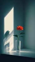 Single red flower in glass vase on white surface with dramatic window light and shadows creating minimalist home decor scene.