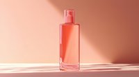 Glass bottle with coral pink liquid on peach background with dramatic shadow pattern, minimalist luxury cosmetic product photography for beauty brands.