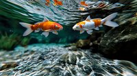 Orange and white koi fish swimming underwater in garden pond with rippling water surface and natural aquatic environment. Decorative carp in tranquil setting.