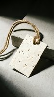 Blank kraft paper tag with natural twine string attached, lying on concrete surface with dramatic sunlight and shadows, suitable for product labeling, gift wrapping, and branding designs.