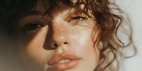 Young woman with curly hair and freckles in warm natural light showcasing natural beauty and skincare for cosmetic and wellness campaigns.