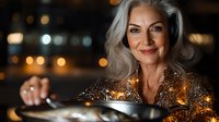 Elegant mature Caucasian woman with silver hair in golden sequined dress smiling warmly at camera with bokeh lights background for luxury lifestyle content.