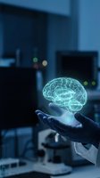 Glowing digital brain hologram floating above open palm in modern laboratory setting for artificial intelligence and neuroscience research concepts.