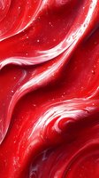 Abstract red and white fluid waves create dynamic swirling pattern with sparkling particles against dark background, suitable for luxury packaging design.